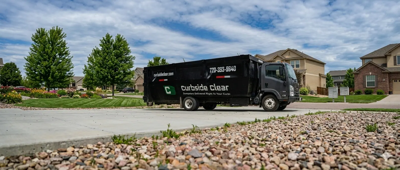 Curbside Clear delivery truck with a roll-off dumpster in a Denver Metro neighborhood